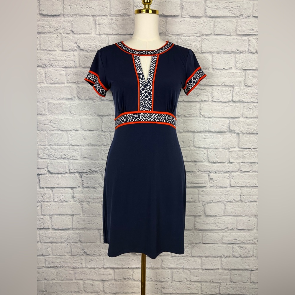 Michael Kors Navy Blue Orange Trim Short Sleeve Dress Sz PS - Picture 2 of 6